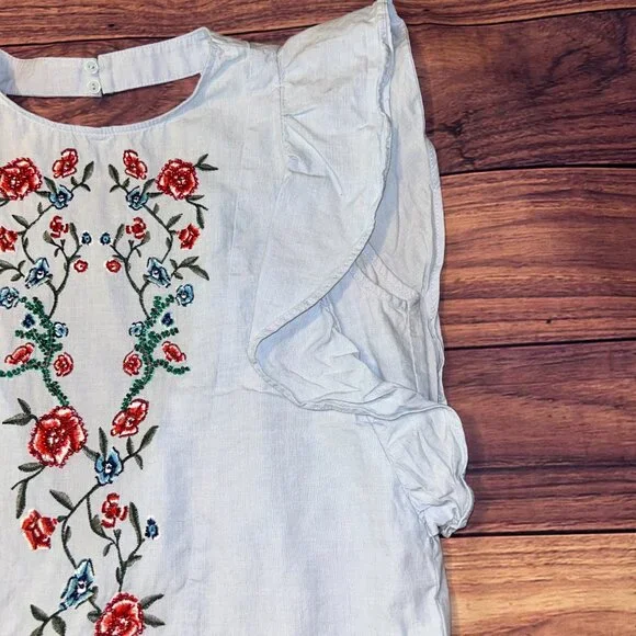 ZARA Embroidered Floral Ruffle Blouse - Light Blue Cotton - XS - Picture 4 of 10